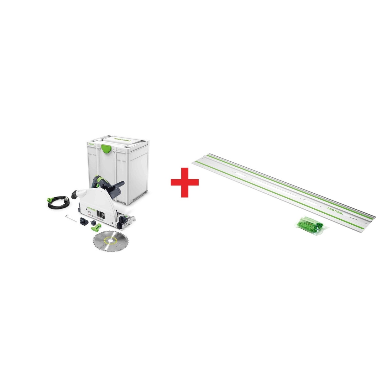 Festool TS 75 EQ Plunge Cut Track Saw w/ Systainer3 with 75-in Guide Rail kit shown with saw, storage case, blade, and long guide rail for sheet goods cutting in a workshop or jobsite setup
