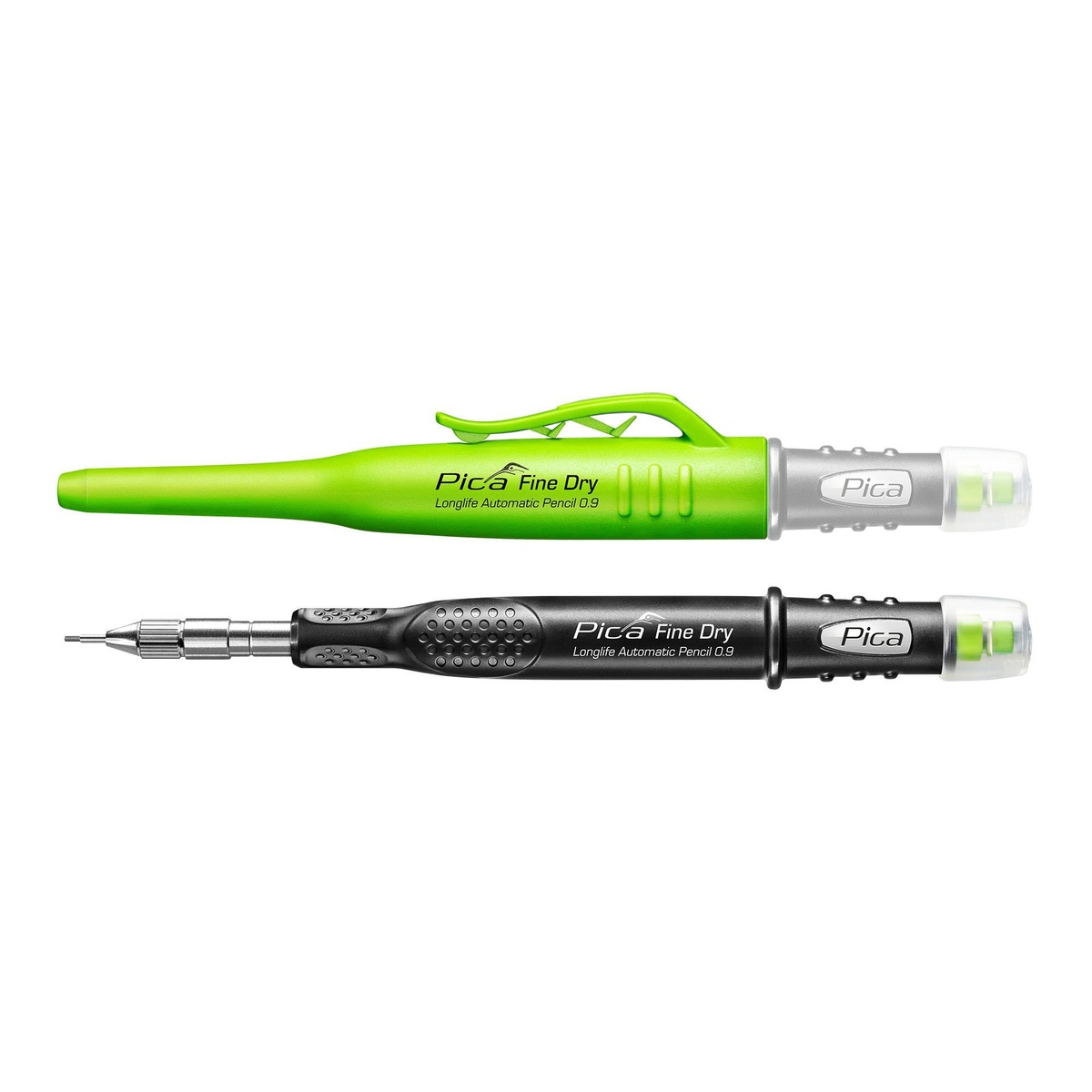 Pica Fine Dry Longlife Automatic Pencil Starter Set showing the 0.9 mm automatic pencil and cap in a close product view for fine layout marking on wood and trim work