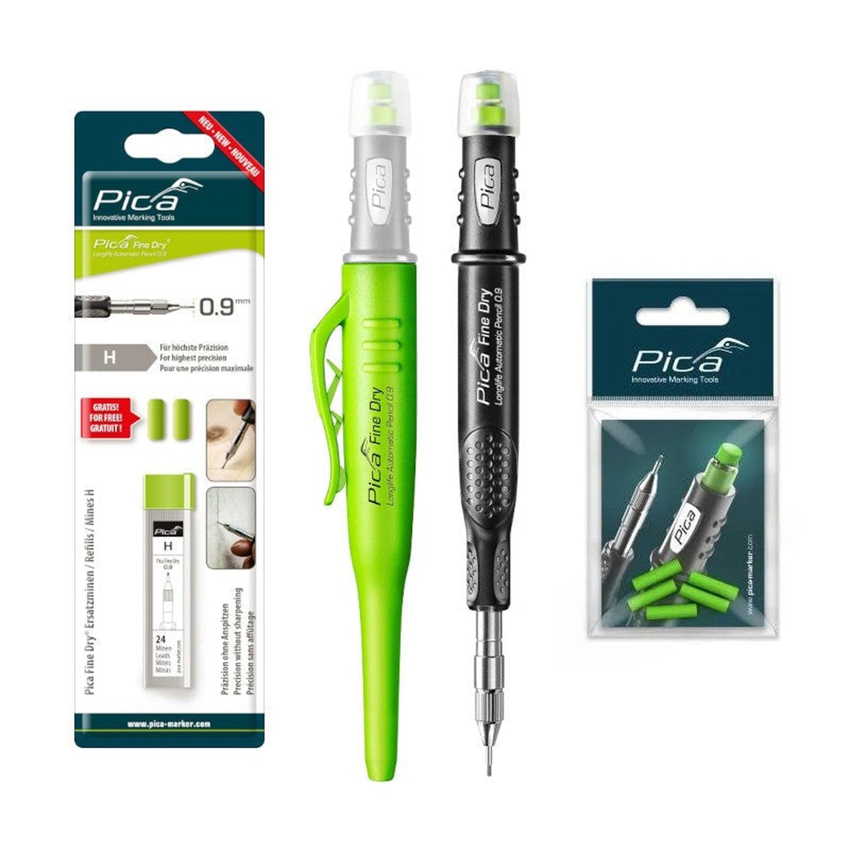 Pica Fine Dry Longlife Automatic Pencil Starter Set with pencil, refill leads, and replacement erasers laid out for shop and jobsite marking tasks