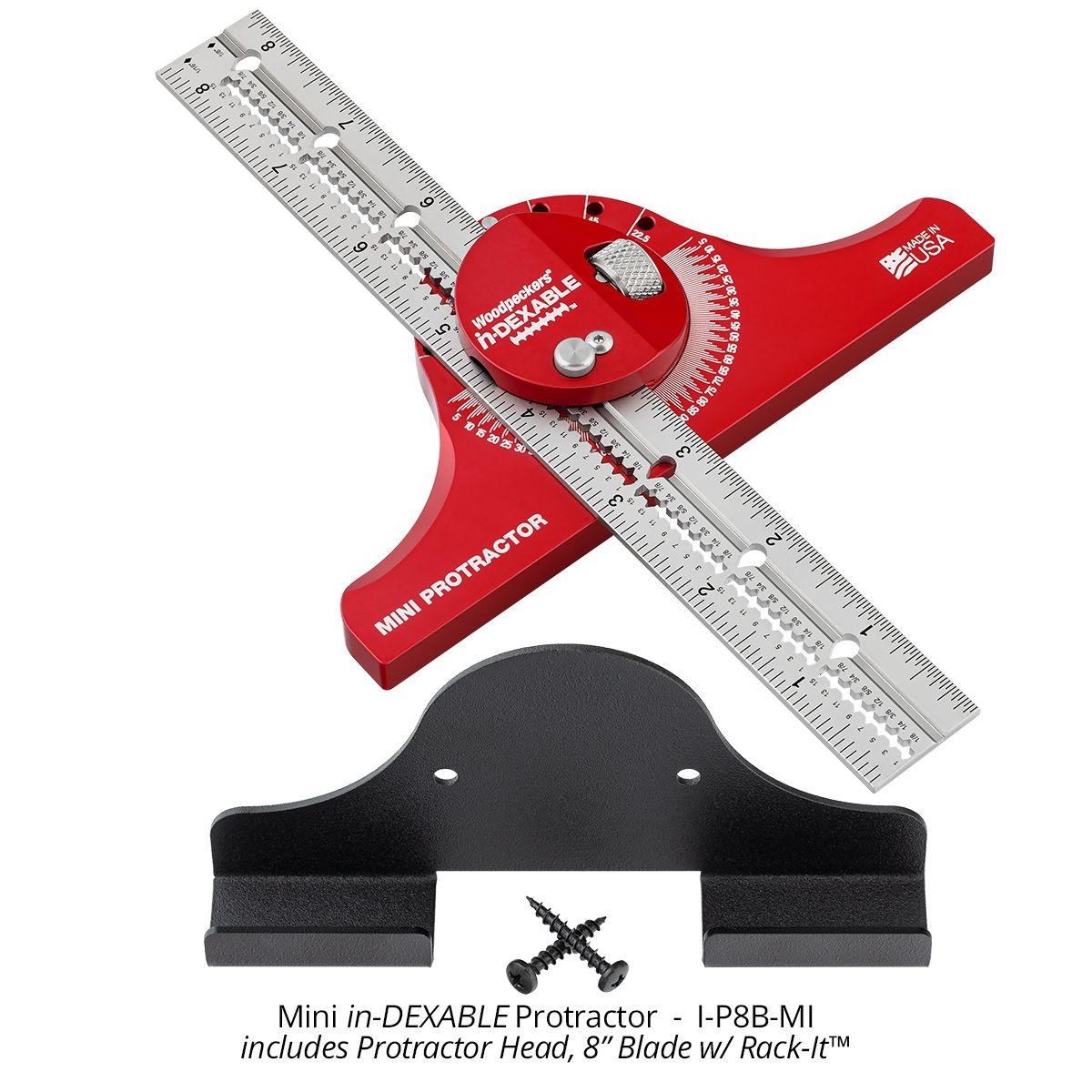 Woodpeckers Mini in-DEXABLE Protractor I-P8B-MI shown with 8 inch blade, protractor head, and Rack-It storage for woodworking angle layout and trim fitting