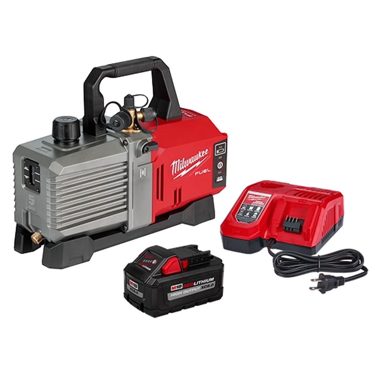 Milwaukee M18 FUEL 5 CFM Vacuum Pump Kit with included XC8.0 battery and rapid charger shown as a complete cordless HVAC evacuation setup