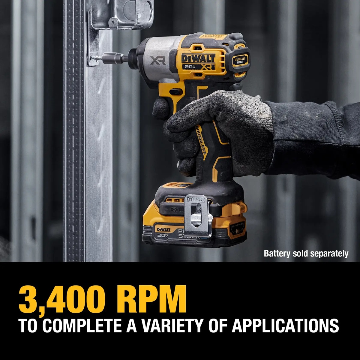 DEWALT DCF845B 20V MAX XR 1/4 in. Impact Driver fastening into metal framing on a jobsite