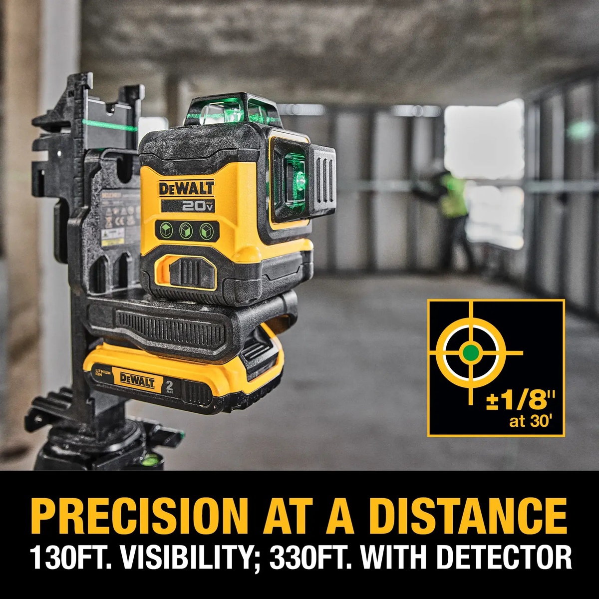 DEWALT 20V 3 x 360 Line Laser mounted on a tripod in an unfinished room showing long-distance alignment for remodeling and framing
