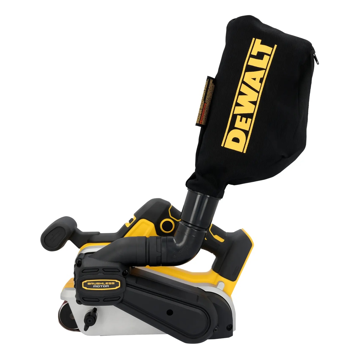DEWALT DCW220B belt sander with dust bag attached, shown in a clean side view to highlight onboard dust collection for woodworking and jobsite sanding