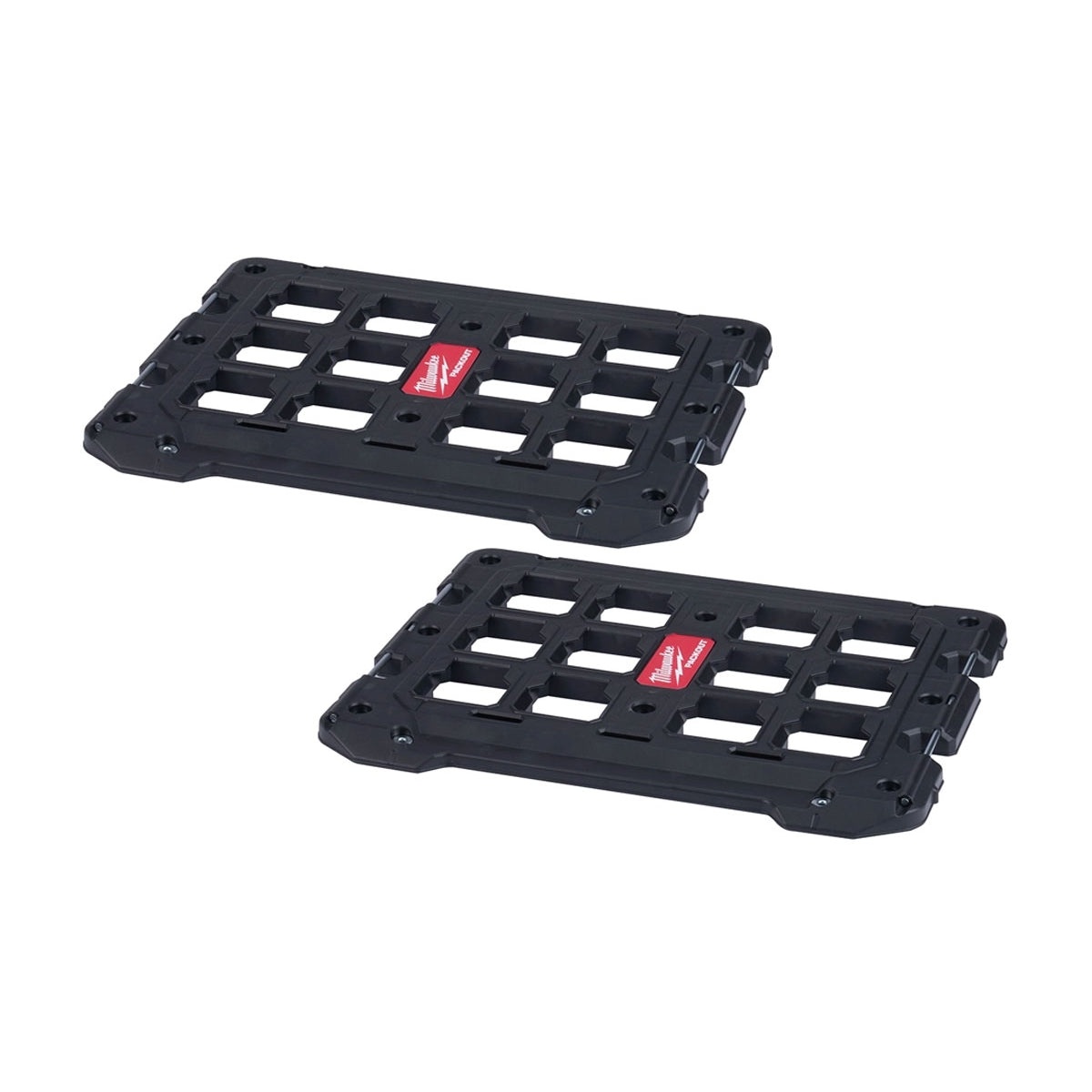 Milwaukee PACKOUT Mounting Plate, 2-Pack shown as two black modular storage mounting plates for wall or floor installation in a shop, trailer, or work vehicle setup