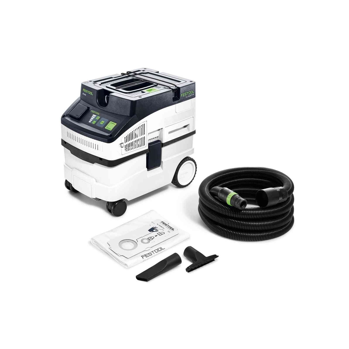 Festool CLEANTEC CT 15 E HEPA Dust Extractor Starter Bundle with hose, nozzles, and filter bag shown for workshop and jobsite cleanup