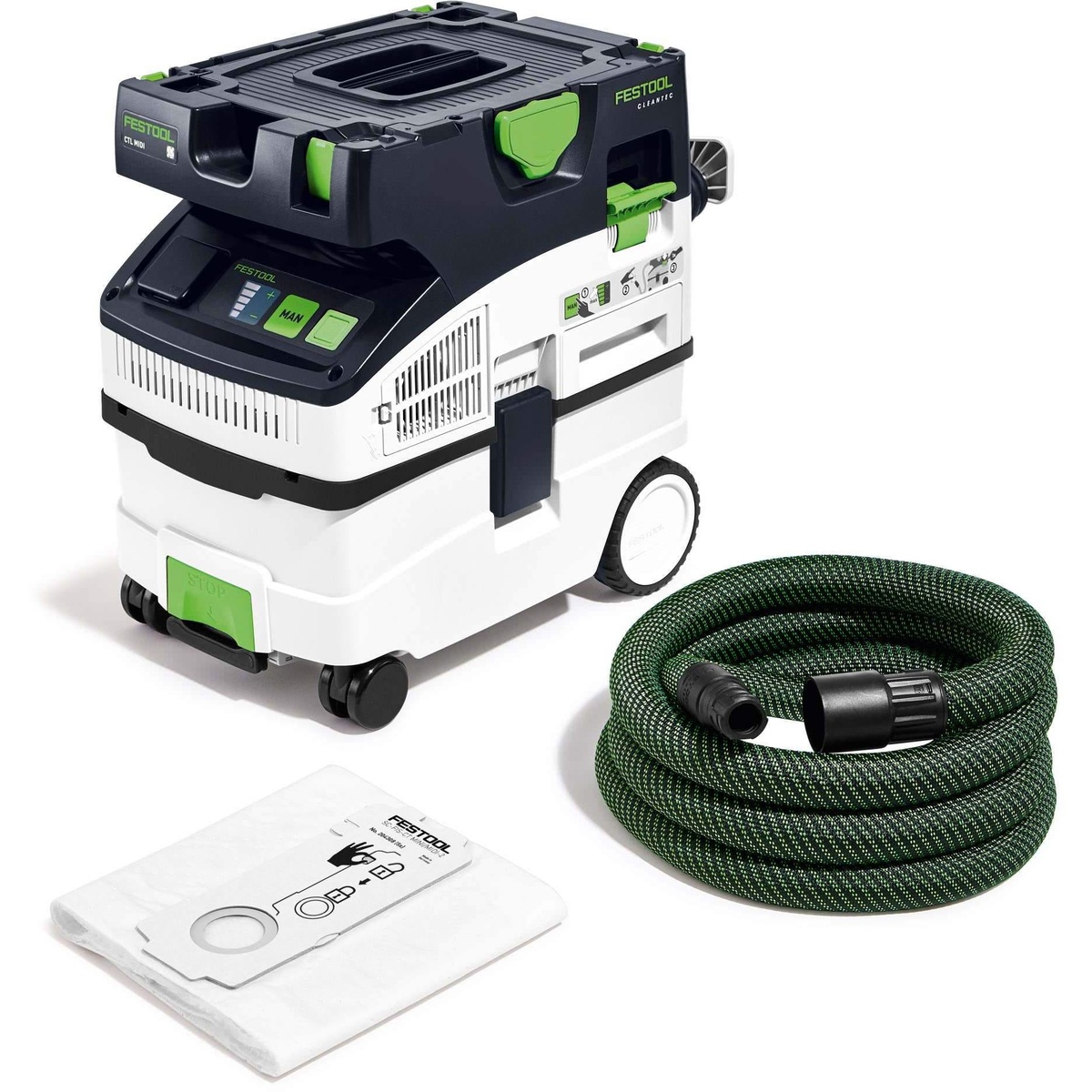 Festool CT MIDI I HEPA Bluetooth Dust Extractor Starter Bundle showing the dust extractor, anti-static hose, and filter bag on a clean product setup for shop and jobsite dust collection