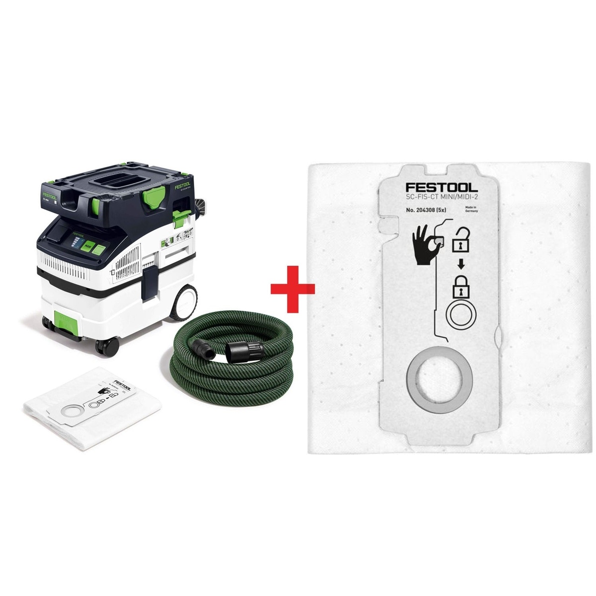 Festool CT MIDI I HEPA Bluetooth Dust Extractor Starter Bundle with extractor, hose, and 5-pack filter bags for portable dust extraction in woodworking and remodeling setups