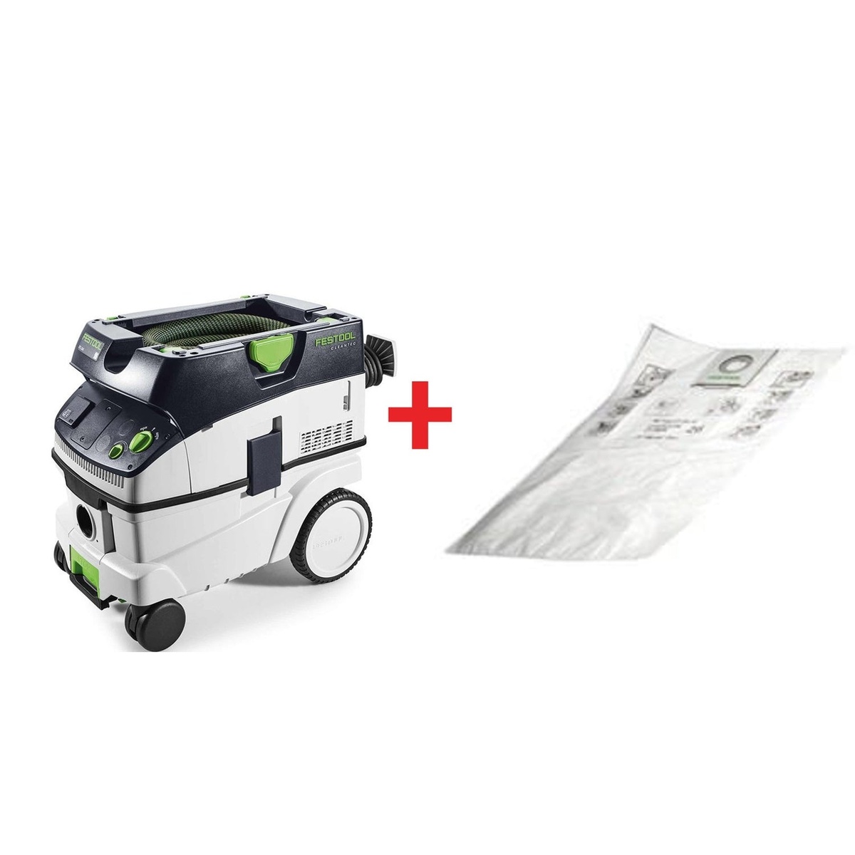 Festool CT 26 EI HEPA Bluetooth Dust Extractor Starter Bundle with extractor and self-clean filter bag displayed to show compact mobile dust collection design