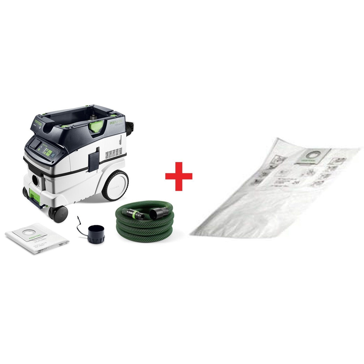 Festool CT 26 EI HEPA Bluetooth Dust Extractor Starter Bundle shown with anti-static hose, hose fitting parts, and self-clean filter bags on a clean background