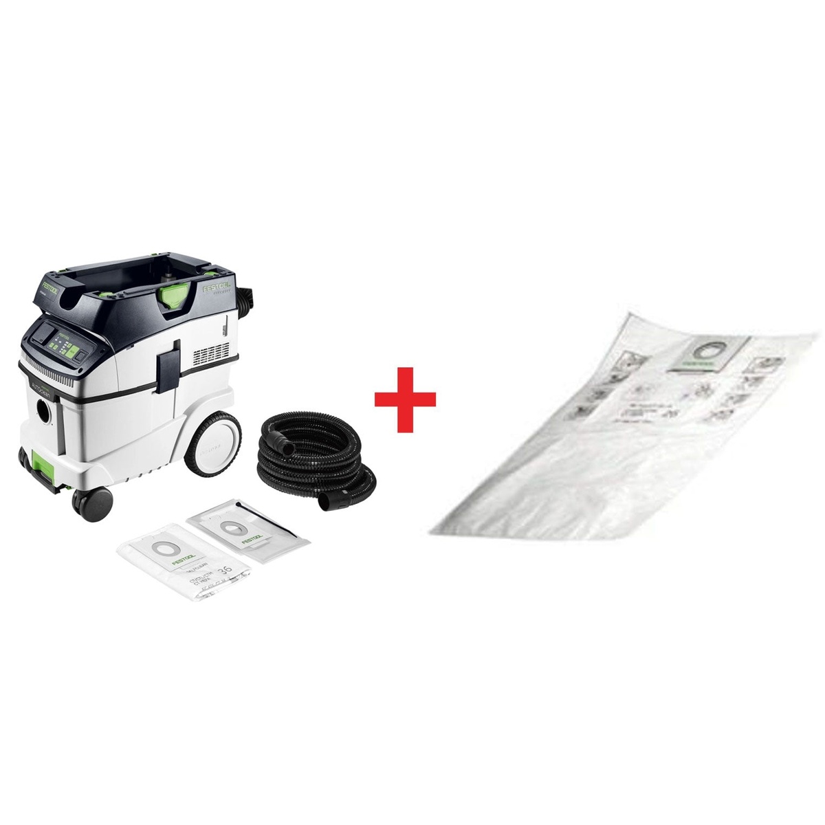 Festool CT 36 EI HEPA Bluetooth Dust Extractor Starter Bundle with dust extractor, anti-static hose, and filter bags on a clean product display for workshop dust collection setup