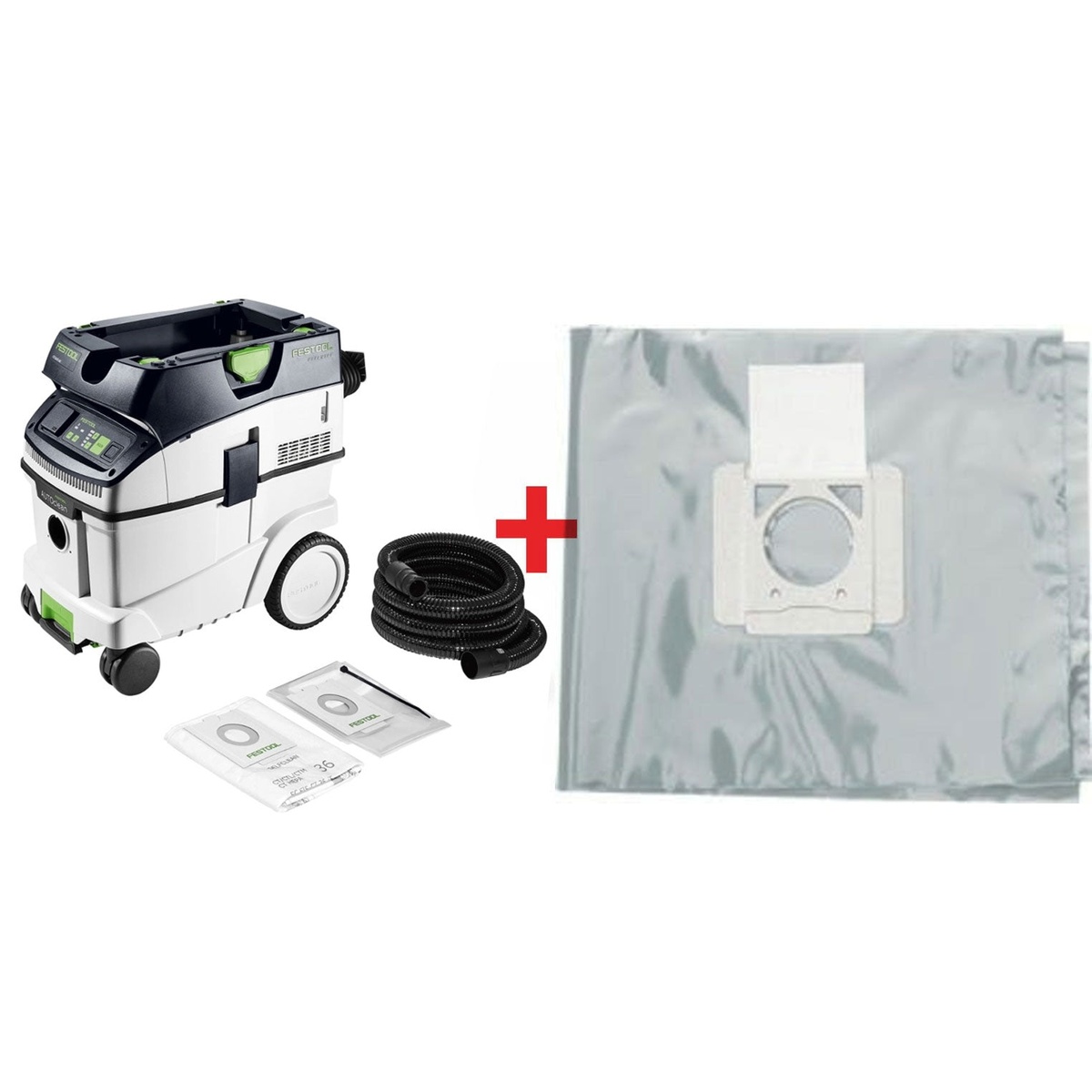 Festool CT 36 EI AC HEPA Bluetooth Dust Extractor Starter Bundle showing the extractor, anti-static hose, and liner bags for drywall dust collection on a jobsite-ready setup