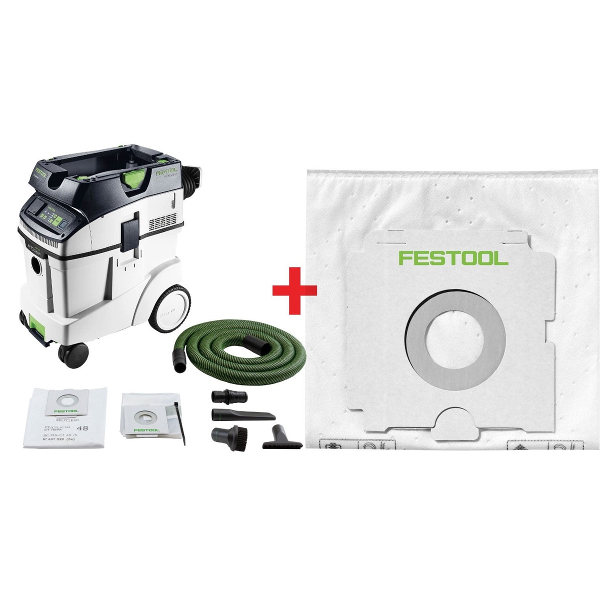 Festool CT 48 EI AC HEPA Bluetooth Dust Extractor Starter Bundle shown with hose, cleaning accessories, and filter bags for jobsite dust collection and cleanup
