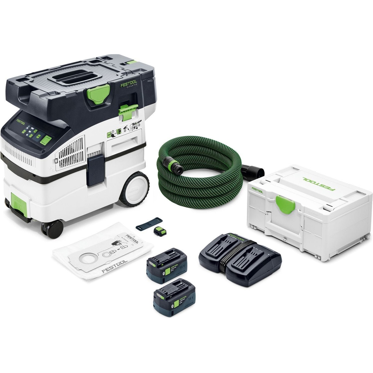 Festool CTC MIDI I Cordless 36V Mobile HEPA Dust Extractor Pro Bundle shown with hose, batteries, charger, and Systainer for mobile dust extraction and cleanup on interior jobs