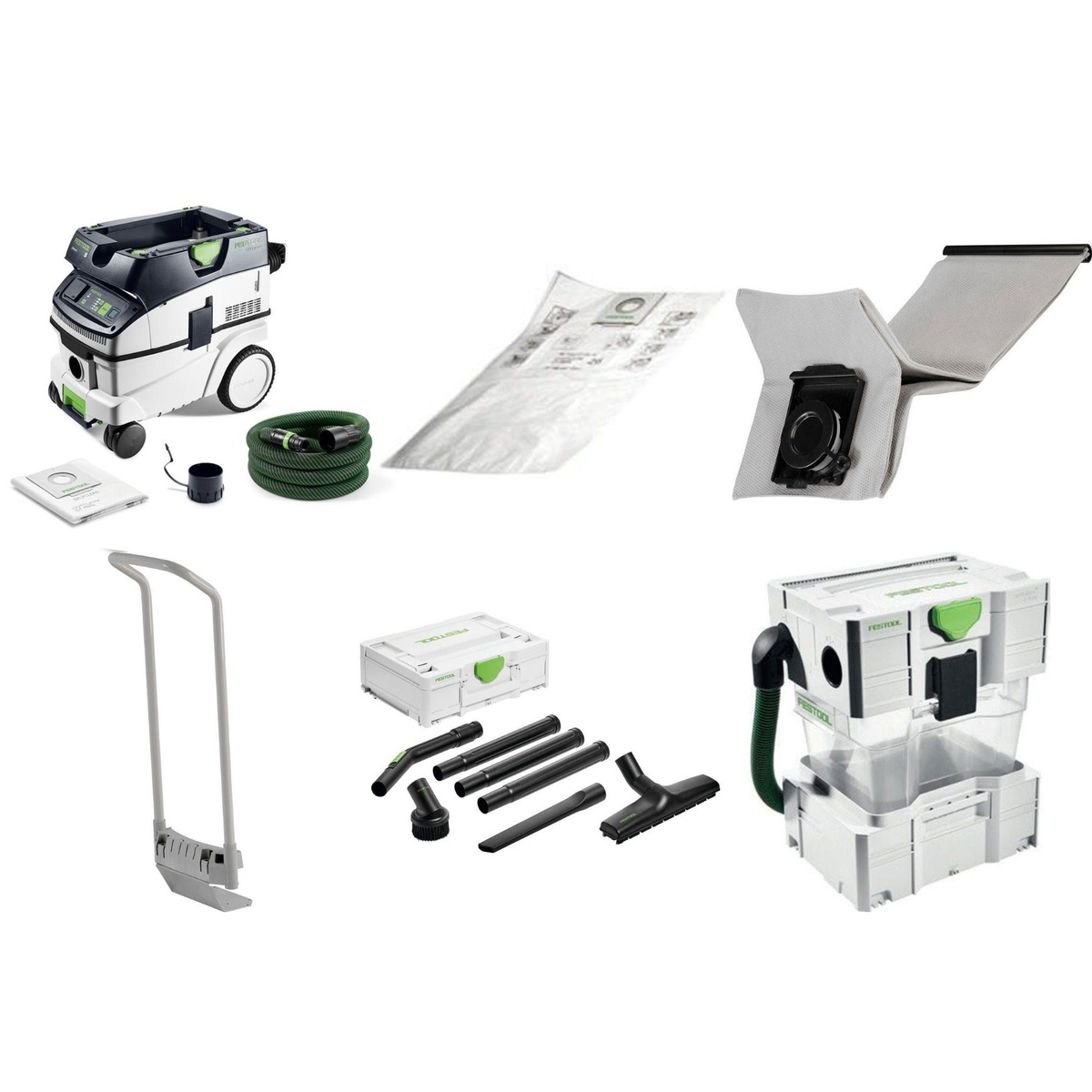 Festool CT 26 EI HEPA Bluetooth Dust Extractor Elite Bundle showing the dust extractor, hose, filter bags, handle, cleaning set, and cyclone pre-separator for shop and jobsite dust collection