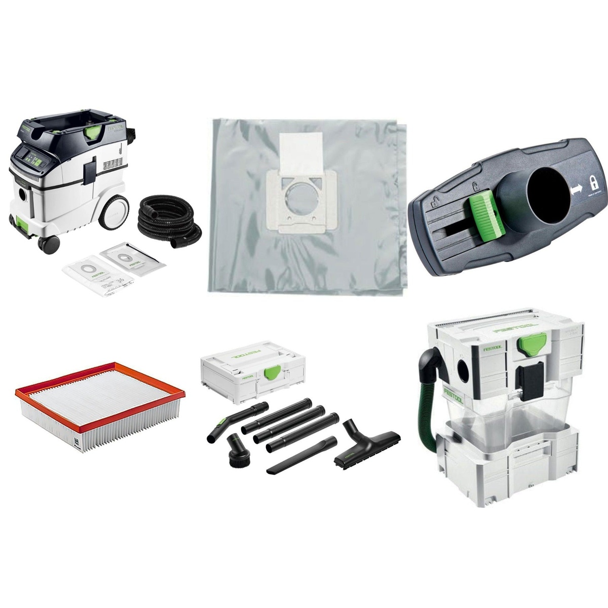 Festool CT 36 EI AC HEPA Bluetooth Dust Extractor Elite Bundle showing the dust extractor, hose, liners, replacement filter, cleaning set, and cyclone pre-separator for drywall dust collection and jobsite cleanup