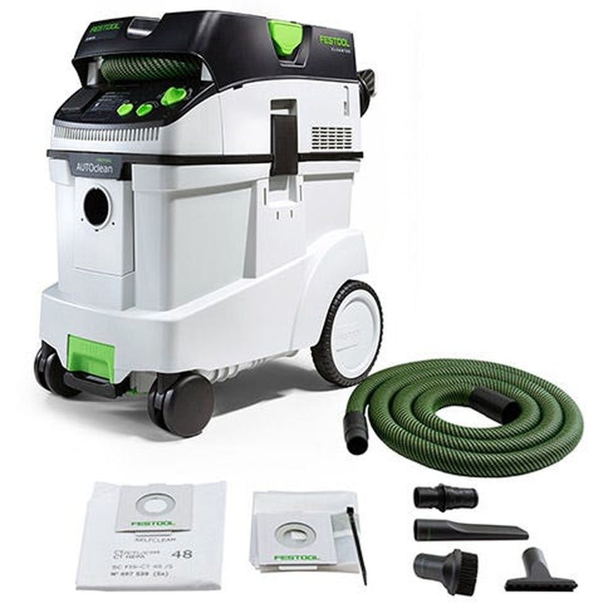 Festool CT 48 EI AC HEPA Bluetooth Dust Extractor Elite Bundle dust extractor with hose and cleaning accessories set up for jobsite dust collection and cleanup