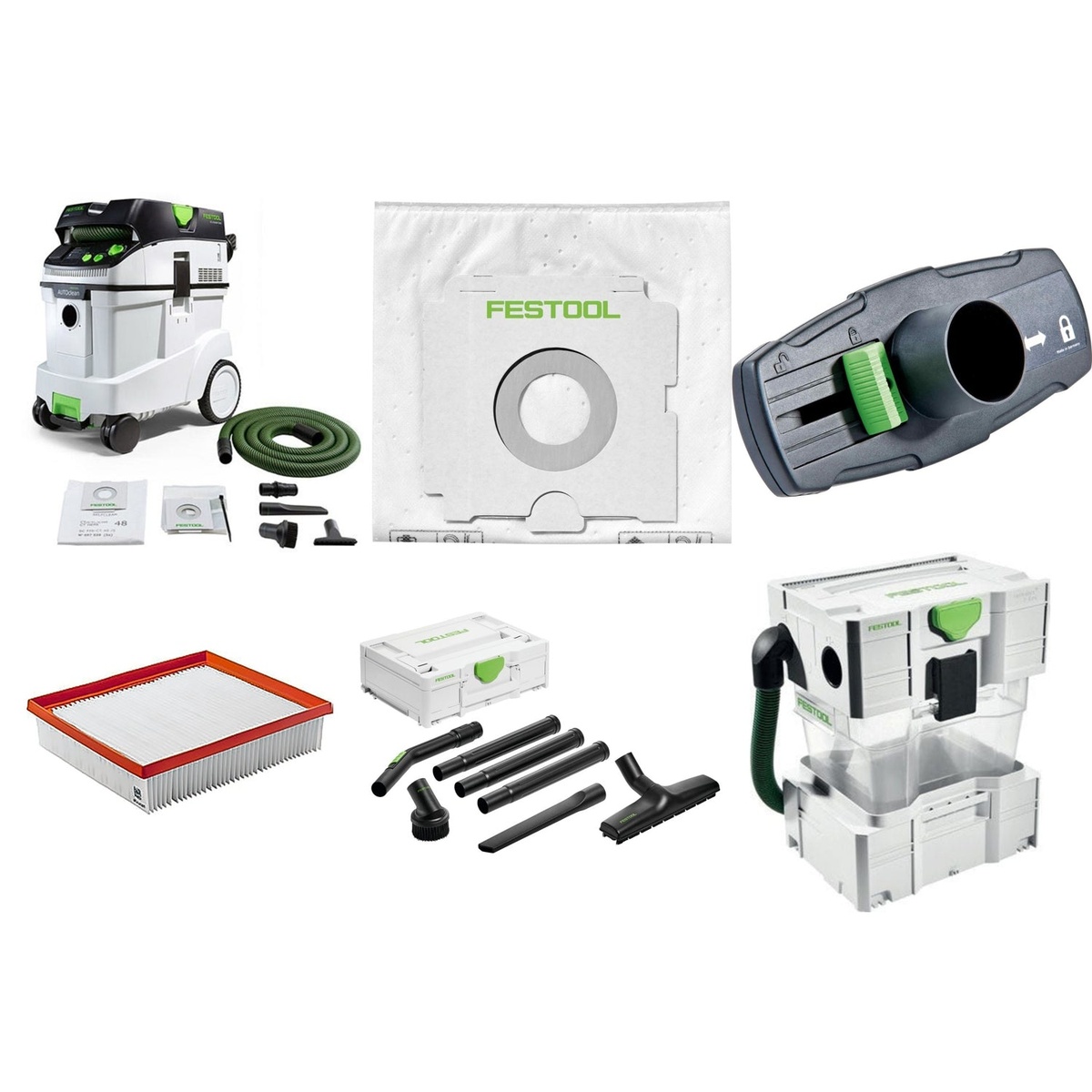 Festool CT 48 EI AC HEPA Bluetooth Dust Extractor Elite Bundle showing extractor, cyclone pre-separator, HEPA filter, filter bag, blast gate, and cleaning kit for professional dust management
