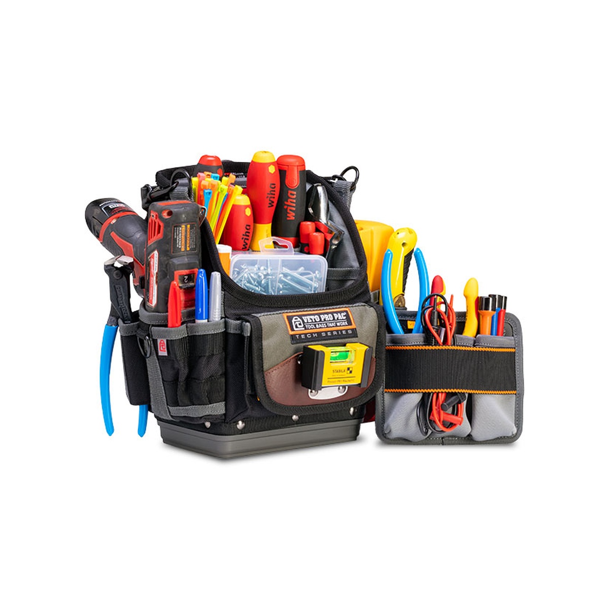 Veto Pro Pac TP6B Tool Pouch with removable V-SWAP front panel displayed beside the bag for organized technician tools and service accessories