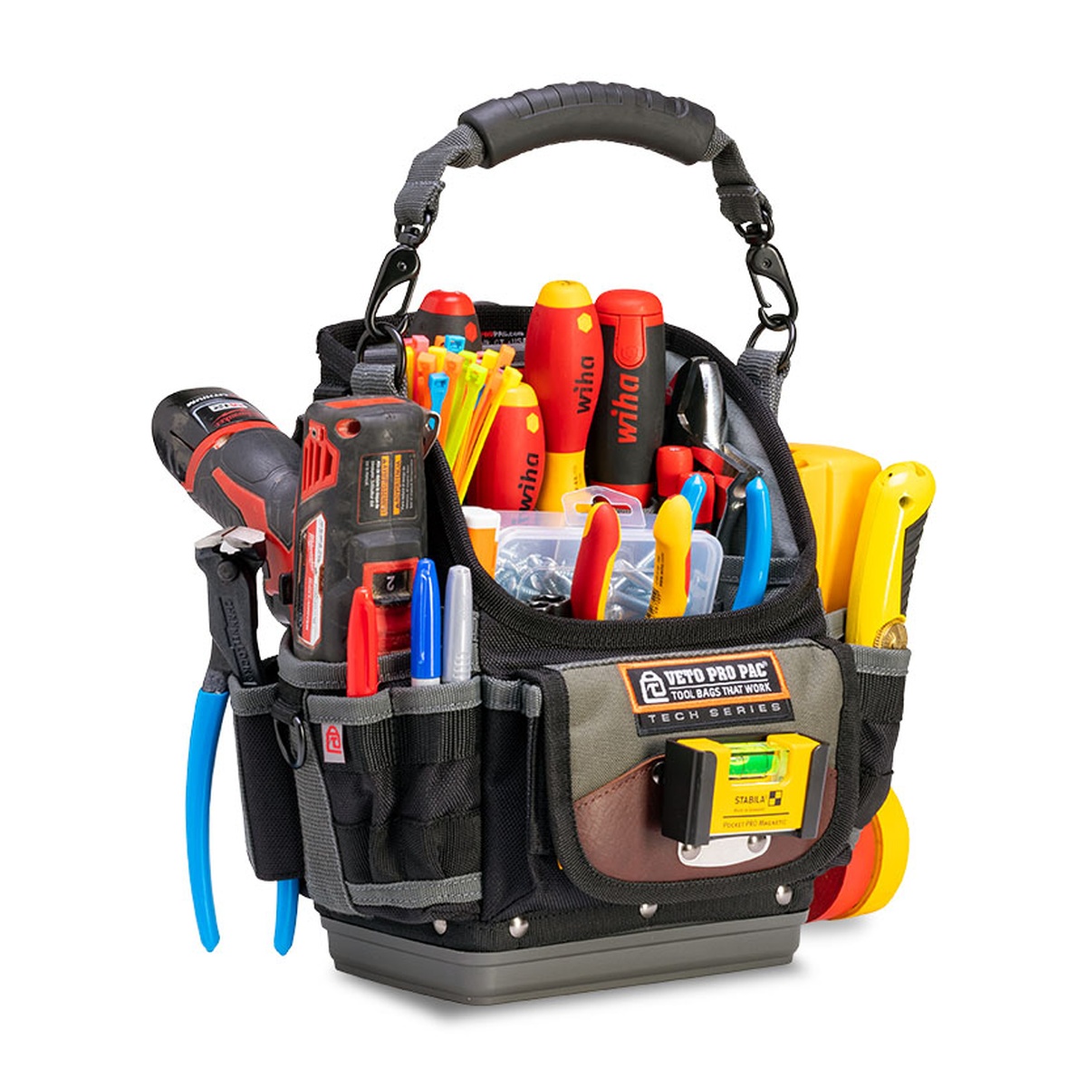 Veto Pro Pac TP6B Tool Pouch loaded with hand tools, markers, fasteners, and a drill for technician service work in a shop or jobsite setting