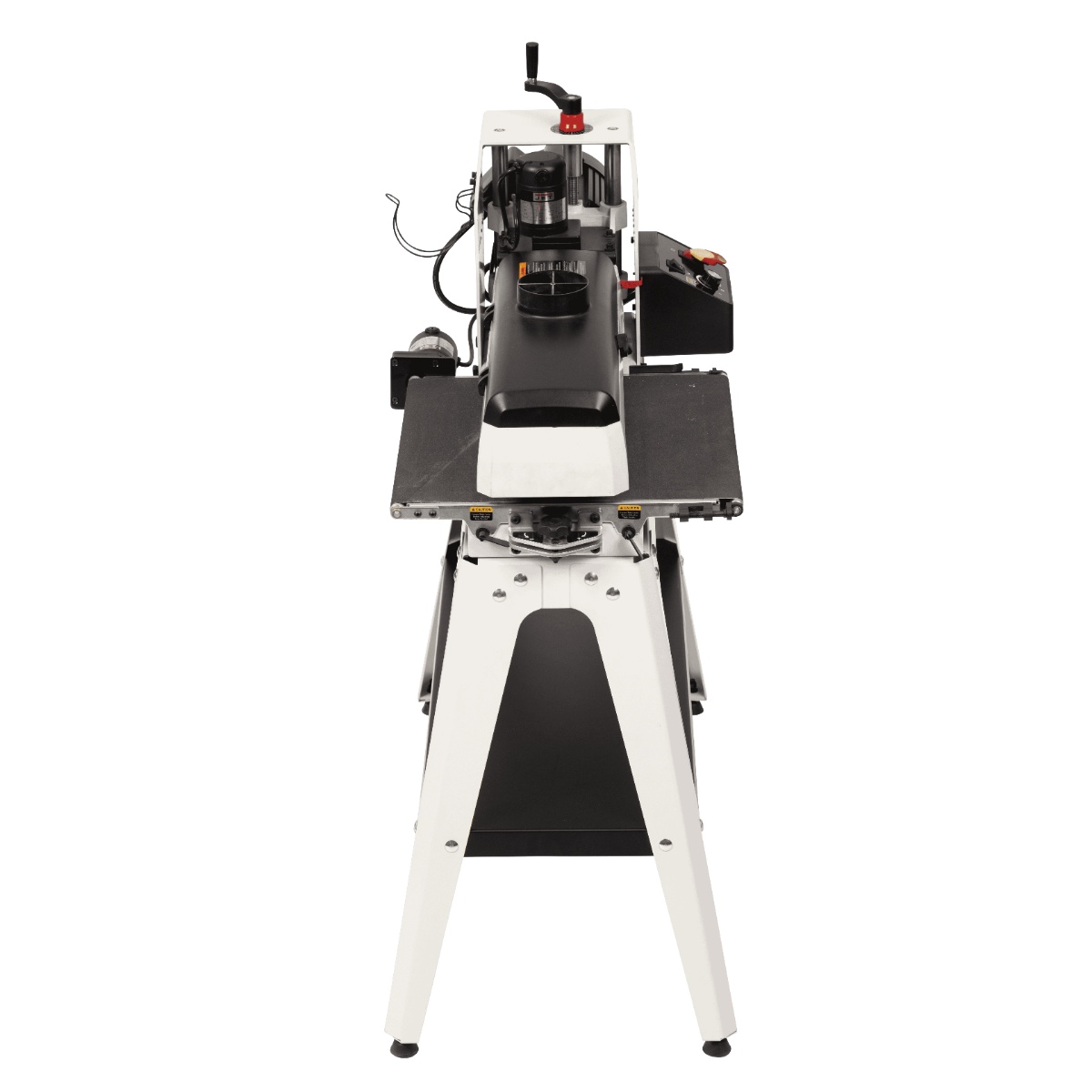 JET JWDS-1632OSC Drum Sander with Stand top view in a woodworking shop setup showing the drum hood, conveyor bed, and control area for panel sanding and finish work