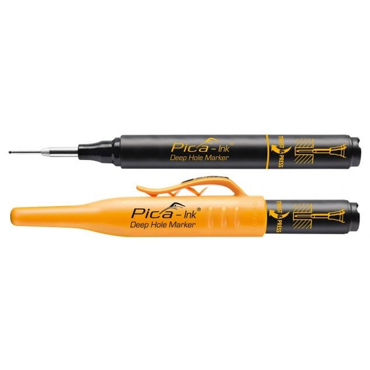 Pica Dry 150/46 Marker for Deep Holes black permanent marker with quiver cap and extended stainless steel tip shown for marking inside deep holes and tight jobsite openings