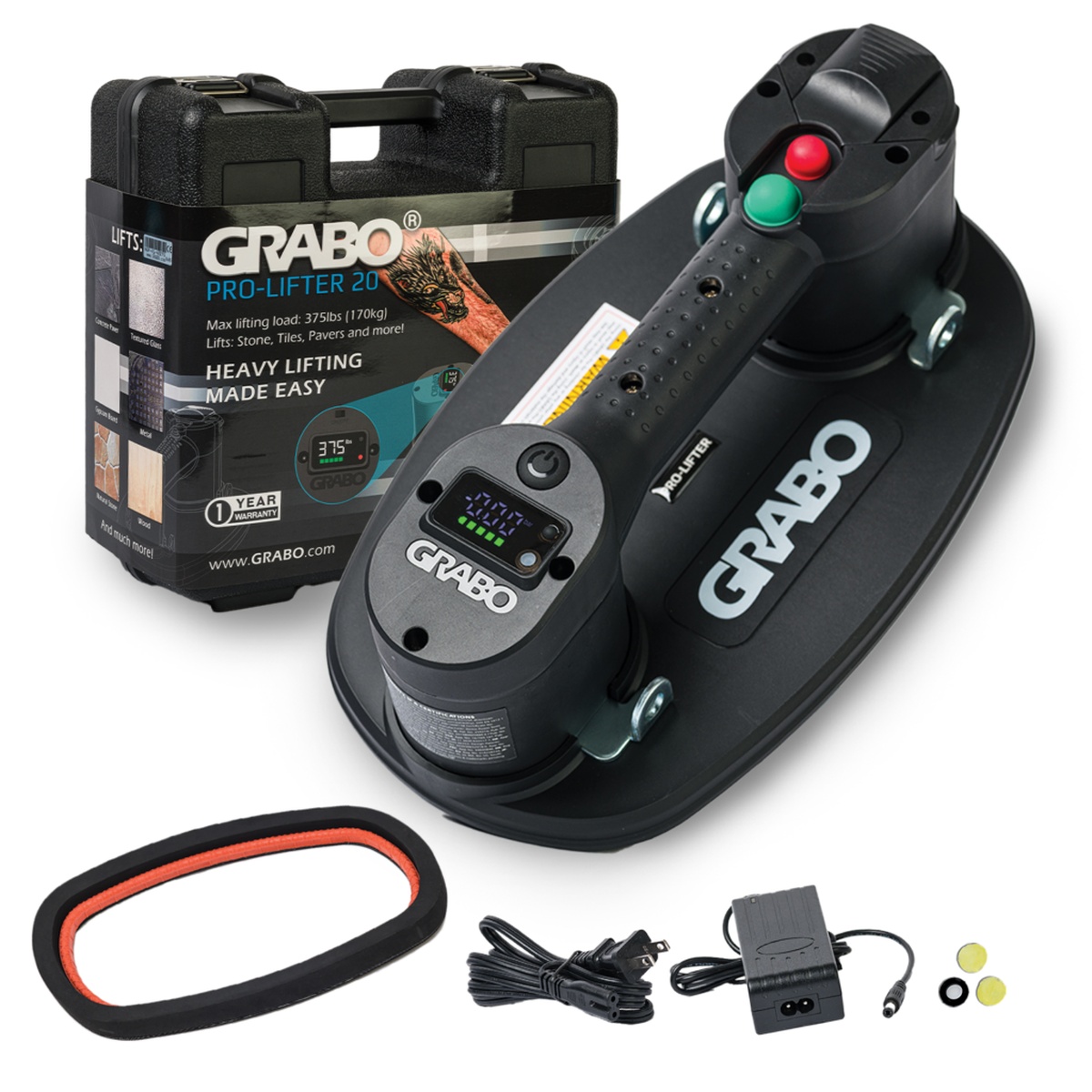 Grabo GP-1Li-FB-1S-HC GRABO Pro with Hardshell Case portable electric vacuum lifter kit shown with charger, seal, filters, and hard case for jobsite material handling