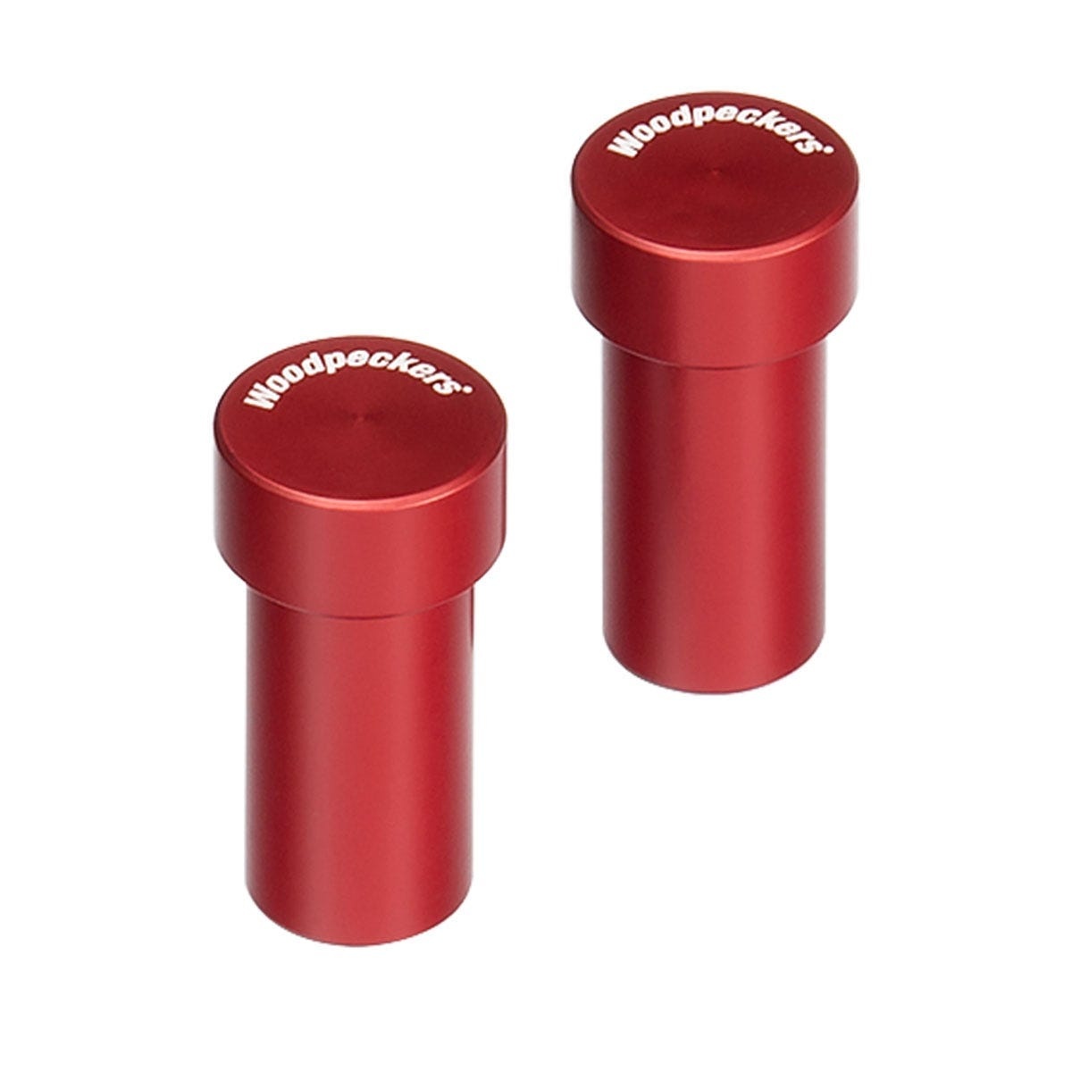 Woodpeckers MFT Positioning Dogs 4-Pack detail view showing two red bench dogs used for MFT table positioning and repeat woodworking alignment in the shop