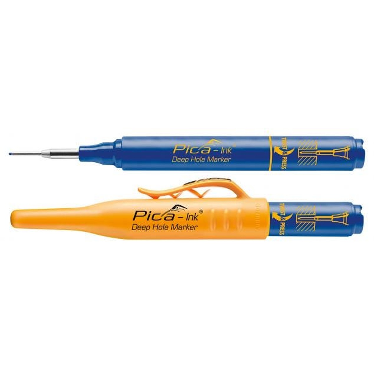 Pica Dry Deep Hole Marker Set blue marker with quiver cap close-up showing reinforced clip for one-handed pocket access during layout and installation work