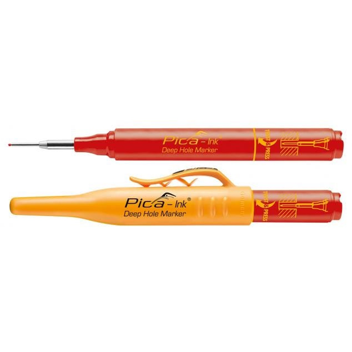 Pica Dry Deep Hole Marker Set red marker and quiver cap close-up showing slim extended tip for marking inside narrow openings and tight install spaces