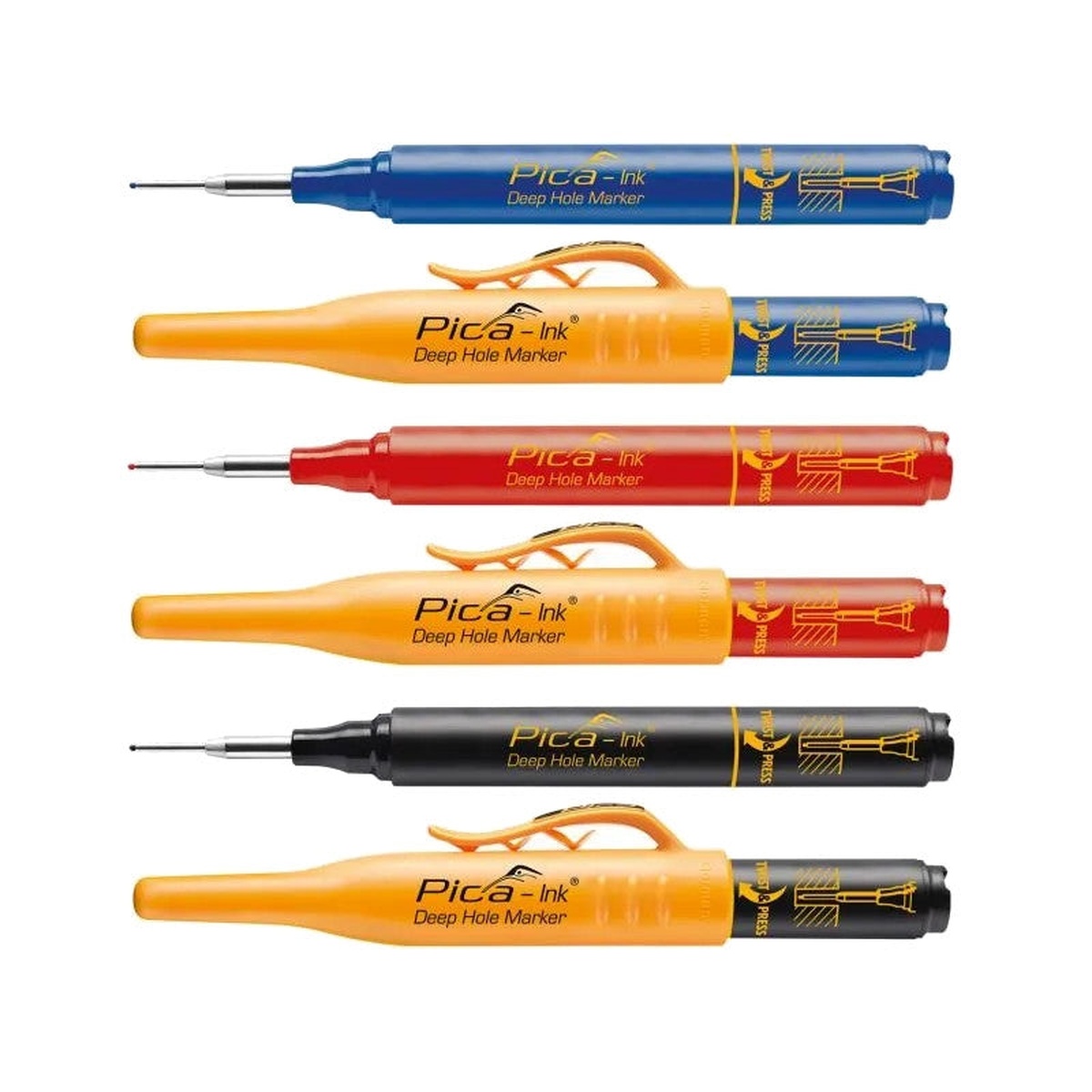 Pica Dry Deep Hole Marker Set showing red black and blue deep hole markers with quiver caps on a clean background for tight-access layout and transfer marking