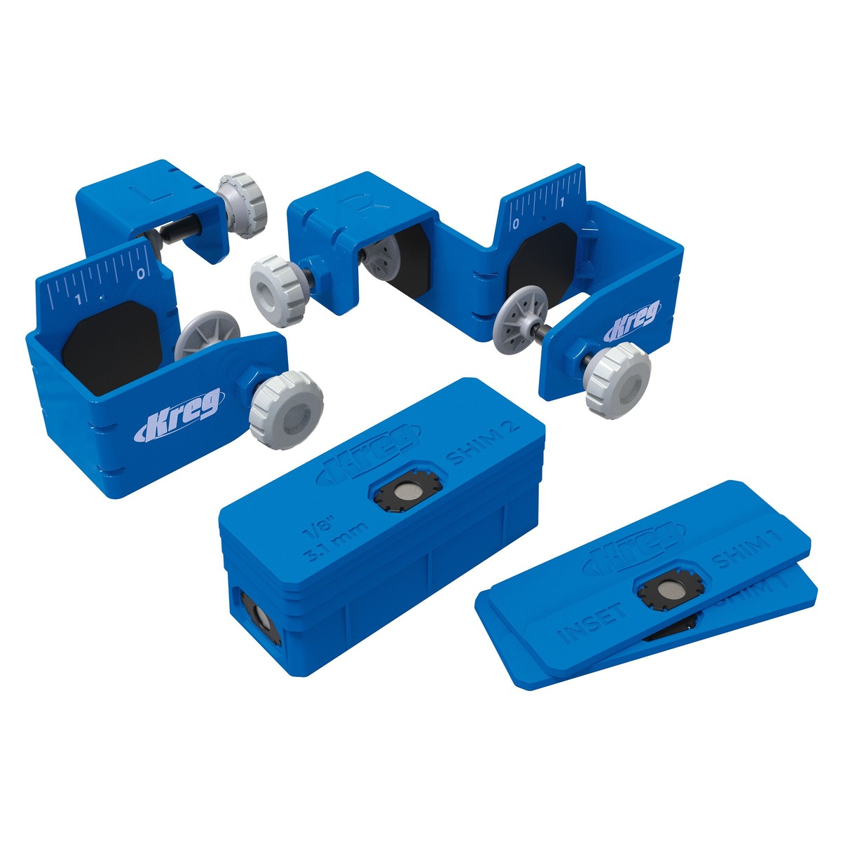 Kreg Drawer Front Mounting System KCS-DFMT-PRO showing left and right clamps with setup shims for aligning cabinet drawer fronts in woodworking and remodeling work