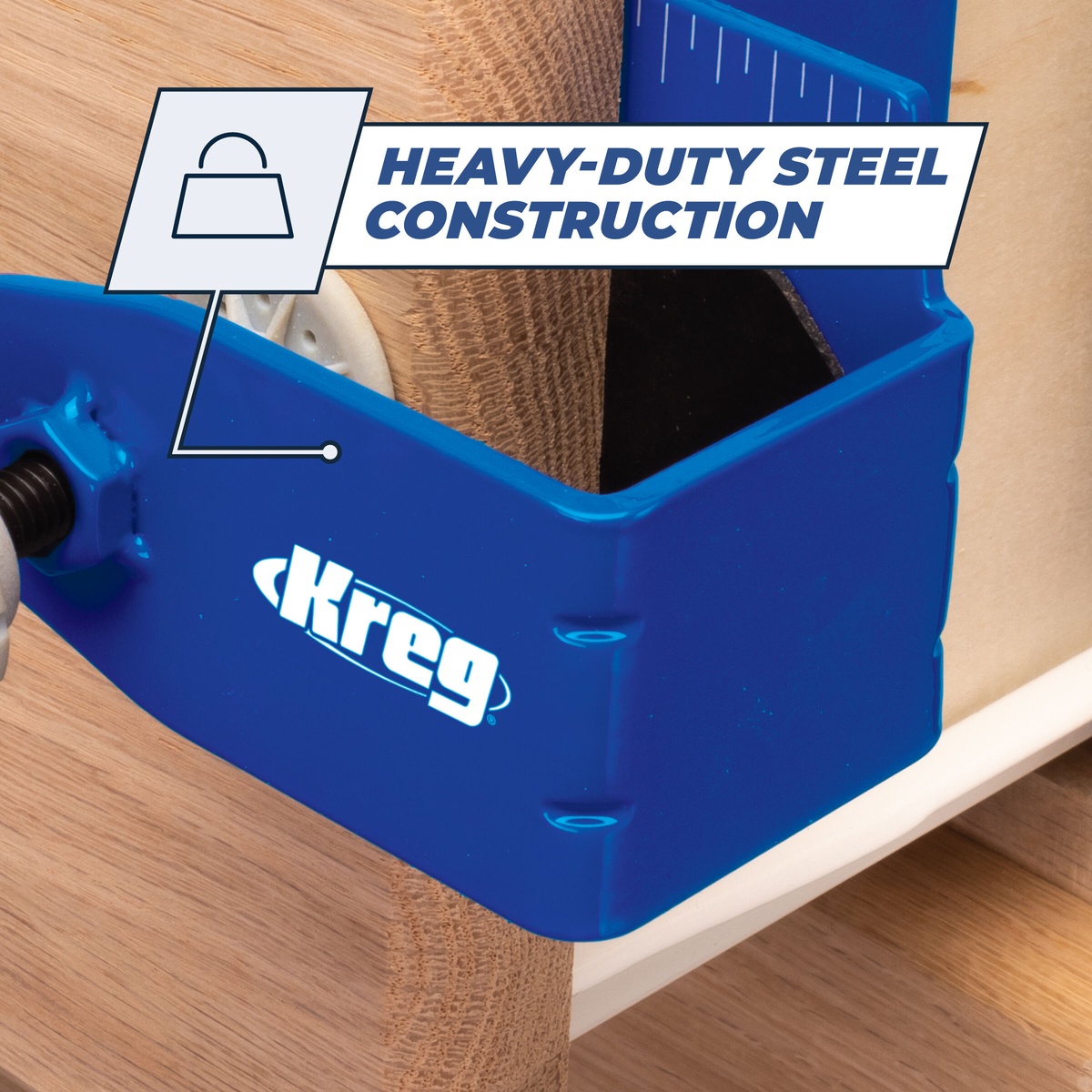 Kreg Drawer Front Mounting System KCS-DFMT-PRO clamped to a wood drawer box showing heavy-duty steel construction during cabinet drawer front fastening