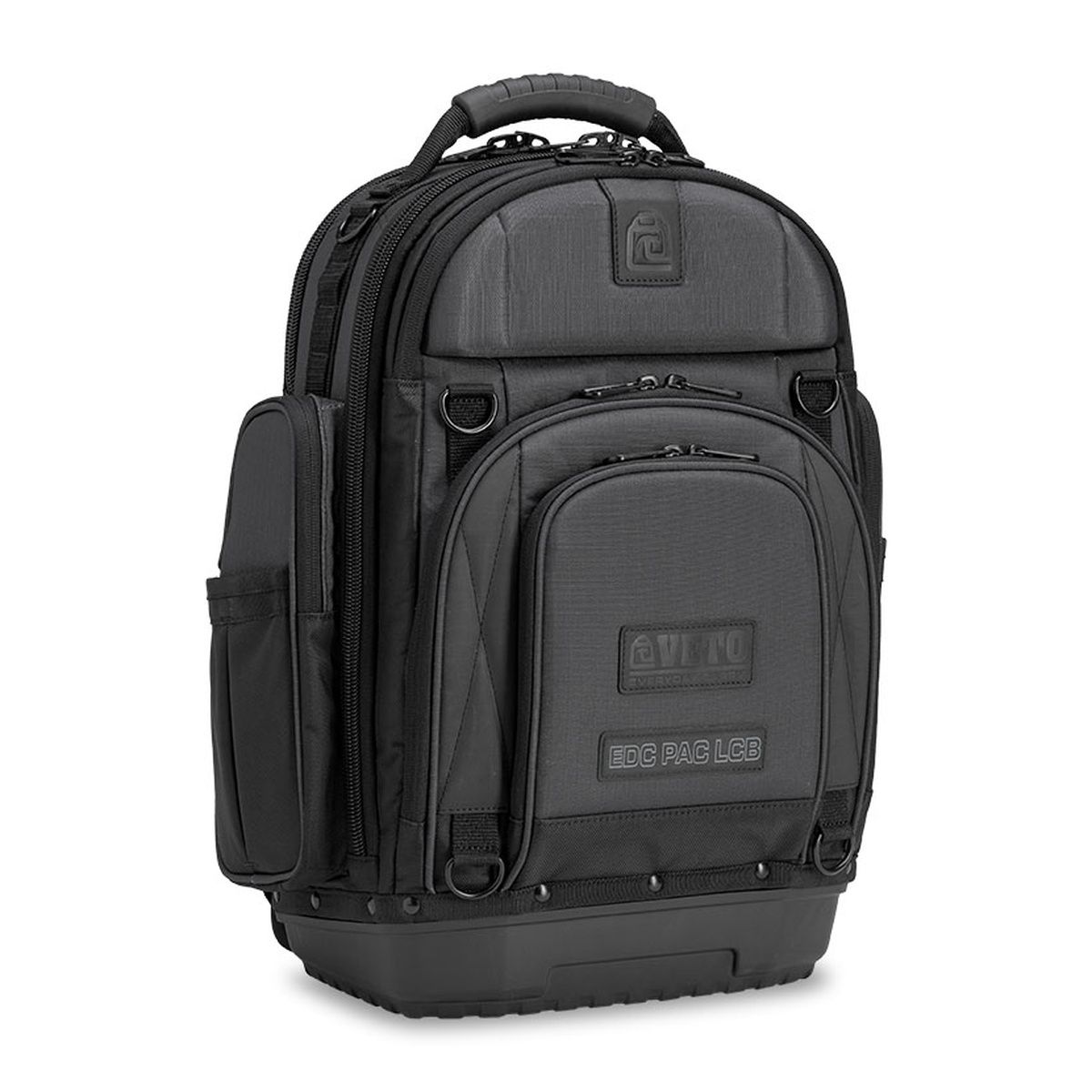 Veto Pro Pac EDC PAC LCB CARBON backpack tool bag shown upright with molded waterproof base, front organization pockets, and side storage for everyday carry and jobsite travel