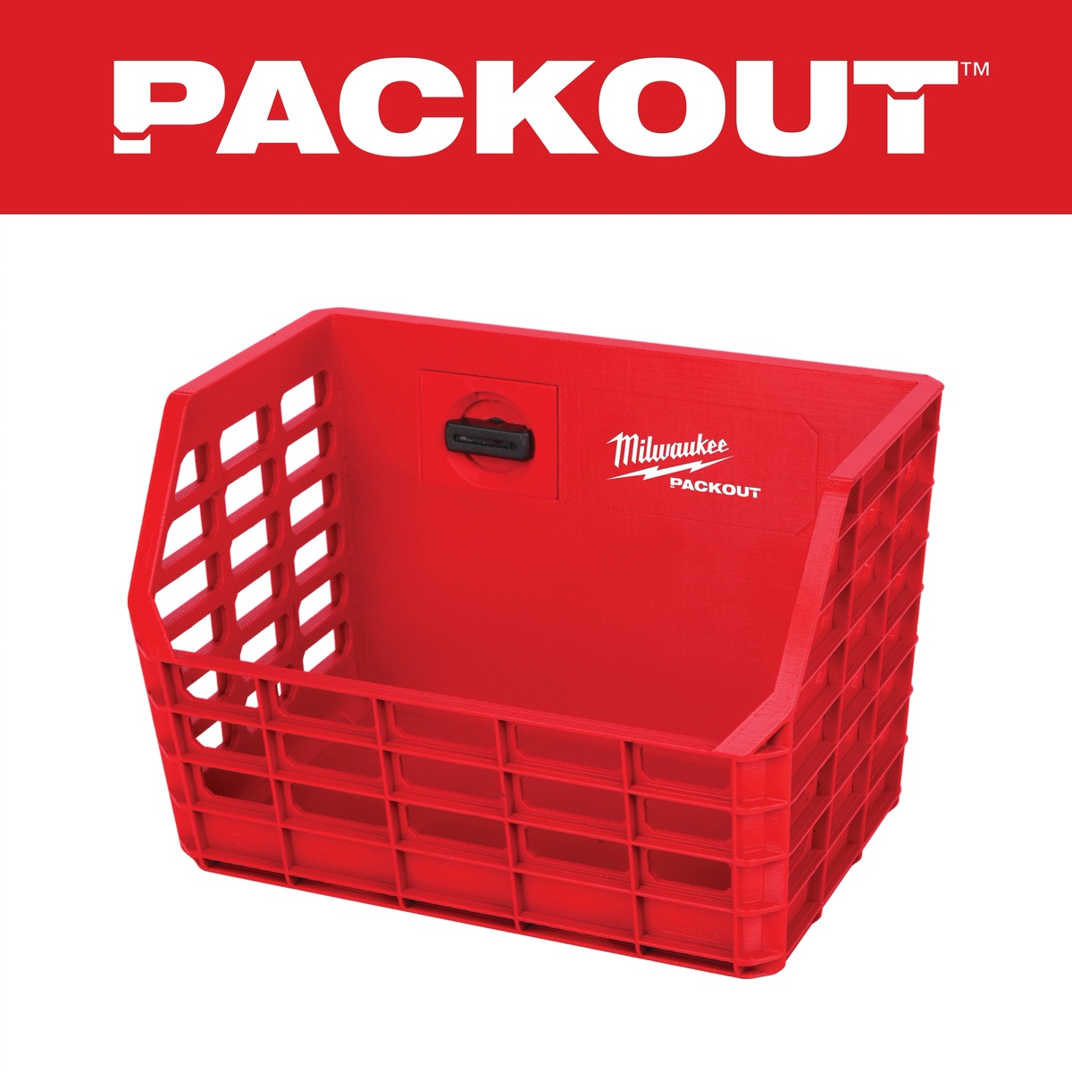 Milwaukee 48-22-8342 PACKOUT Compact Wall Mounted Tool Storage Basket product view showing the compact open-front basket design for wall-mounted shop storage
