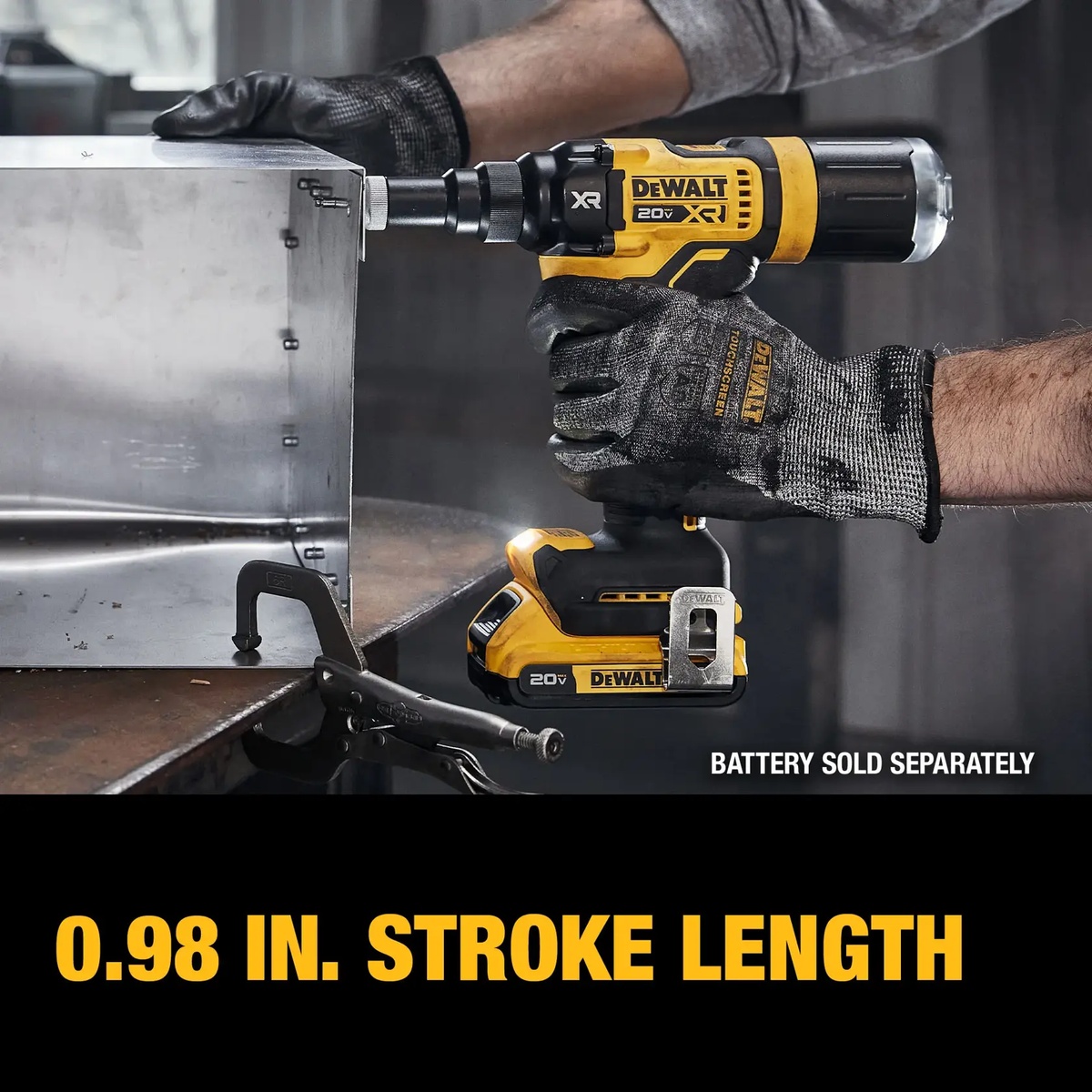 DEWALT 20V MAX XR Brushless Cordless 3/16 in. Rivet Tool installing a rivet into a fabricated metal box during shop assembly