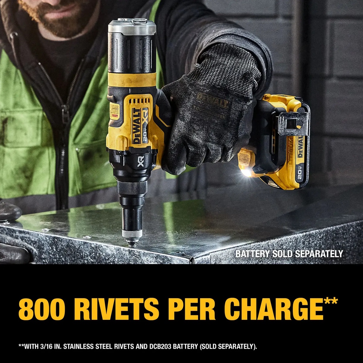 DEWALT 20V MAX XR Brushless Cordless 3/16 in. Rivet Tool setting rivets into galvanized sheet metal on a workbench
