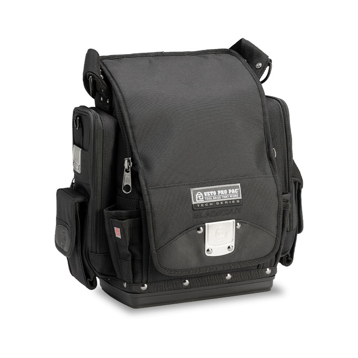 Veto Pro Pac TP-XXL Blackout Tool Pouch closed with shoulder strap, side pockets, and reinforced plastic base shown for transport and daily jobsite carry