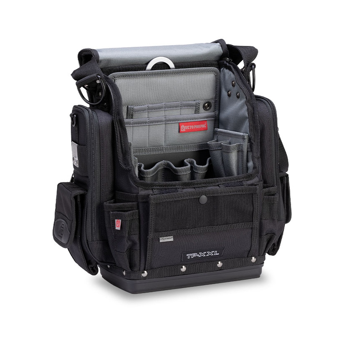 Veto Pro Pac TP-XXL Blackout Tool Pouch open with internal V-SWAP tool panel, front storage pockets, and side compartments shown in a workshop product setup for service tool organization