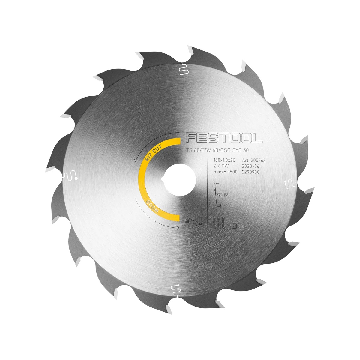 Front view of the Festool 205770 WOOD RIP CUT HW 168x1,8x20 PW16 Saw Blade showing the 16 tooth rip-cut pattern, 168 mm diameter, and 20 mm arbor for Festool saw compatibility
