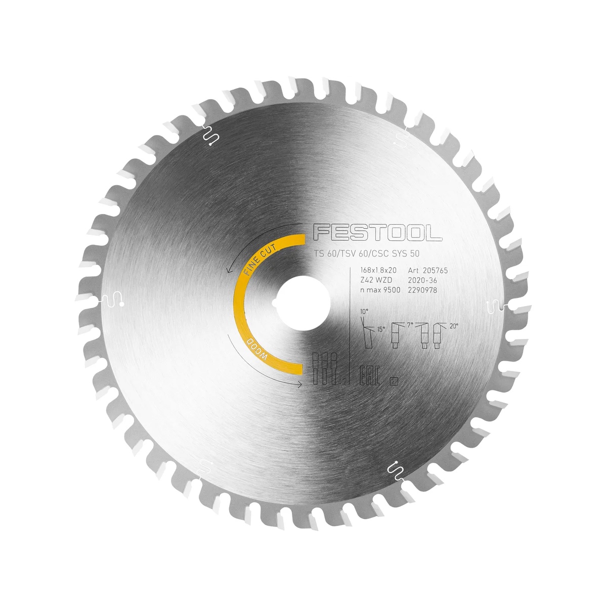 Festool 205772 WOOD FINE CUT HW 168x1,8x20 WD42 Saw Blade product close-up showing the 42-tooth fine cut profile and 20 mm arbor for Festool saws