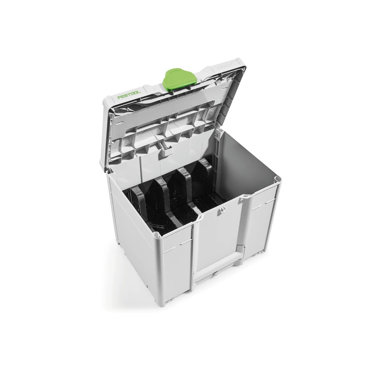 Open Festool SYS-STF-D225 abrasive storage Systainer3 showing compartment insert that protects 225 mm sanding discs during transport and storage
