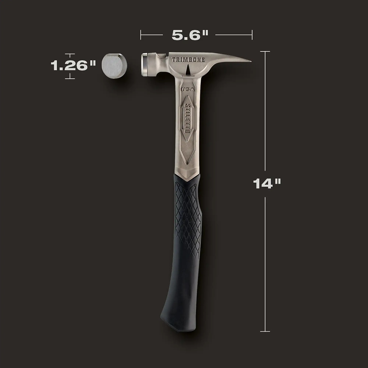 Stiletto TRIMBONE 10oz Titanium Finish Hammer shown full length with compact head dimensions for trim work and controlled swinging in tight interior spaces