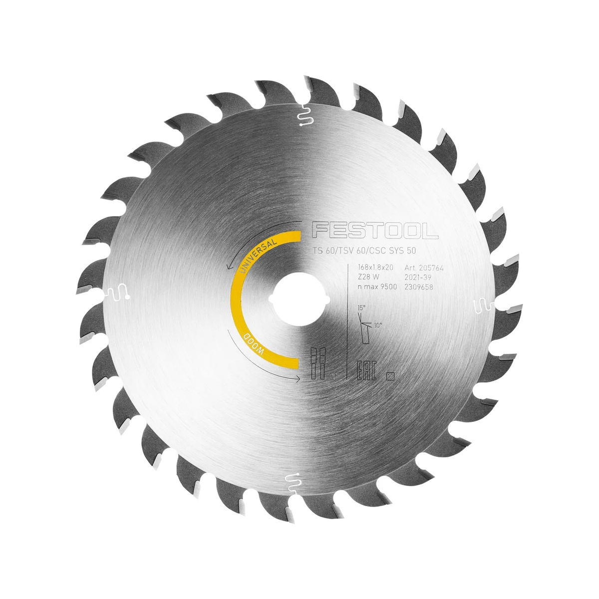 Festool 205771 HW 168x1,8x20 W28 168mm 28T Universal Wood Saw Blade close-up showing carbide teeth, 168 mm diameter, and 20 mm arbor for compatible Festool saws