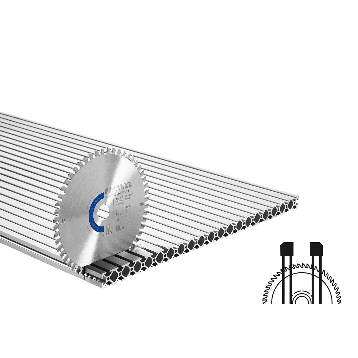 Festool 205774 aluminium plastics circular saw blade positioned with aluminum extrusion stock to show its intended material and precision cutting application