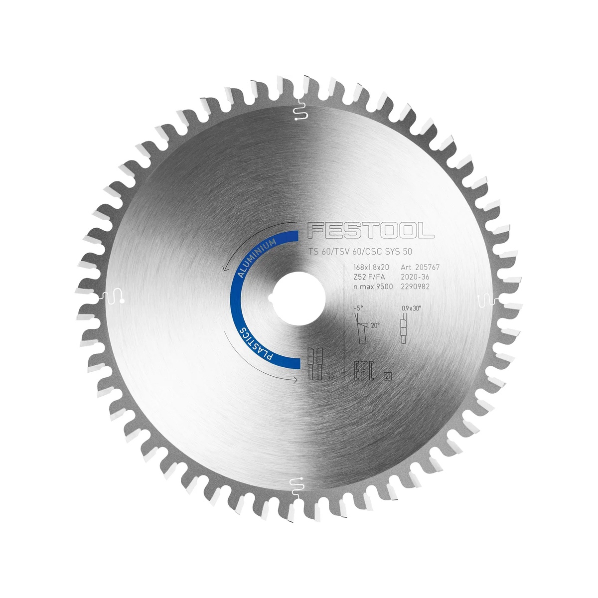 Festool 205774 ALUMINIUM/PLASTICS HW 168x1.8x20 F/FA 52 168mm 52T Saw Blade front view showing 52 teeth, 20 mm arbor, and blade markings