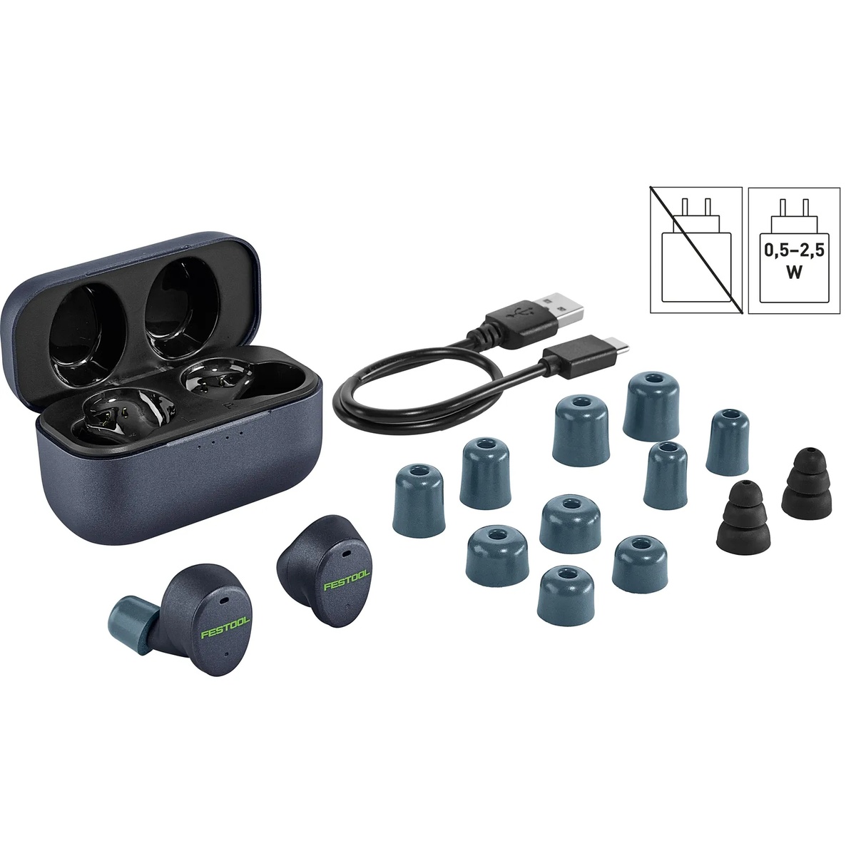 Festool GHS 25 I hearing protection earplugs with charging case, USB-C cable, and multiple ear tip sizes laid out for setup and charging on a clean background