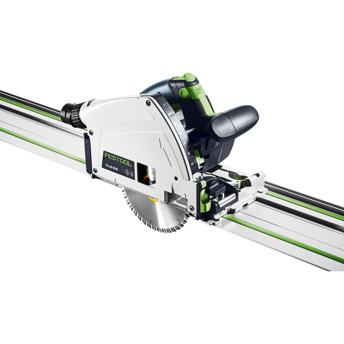 Festool TS 60 KEB plunge cut track saw mounted on a guide rail showing the blade, base, and rail interface for precision cutting
