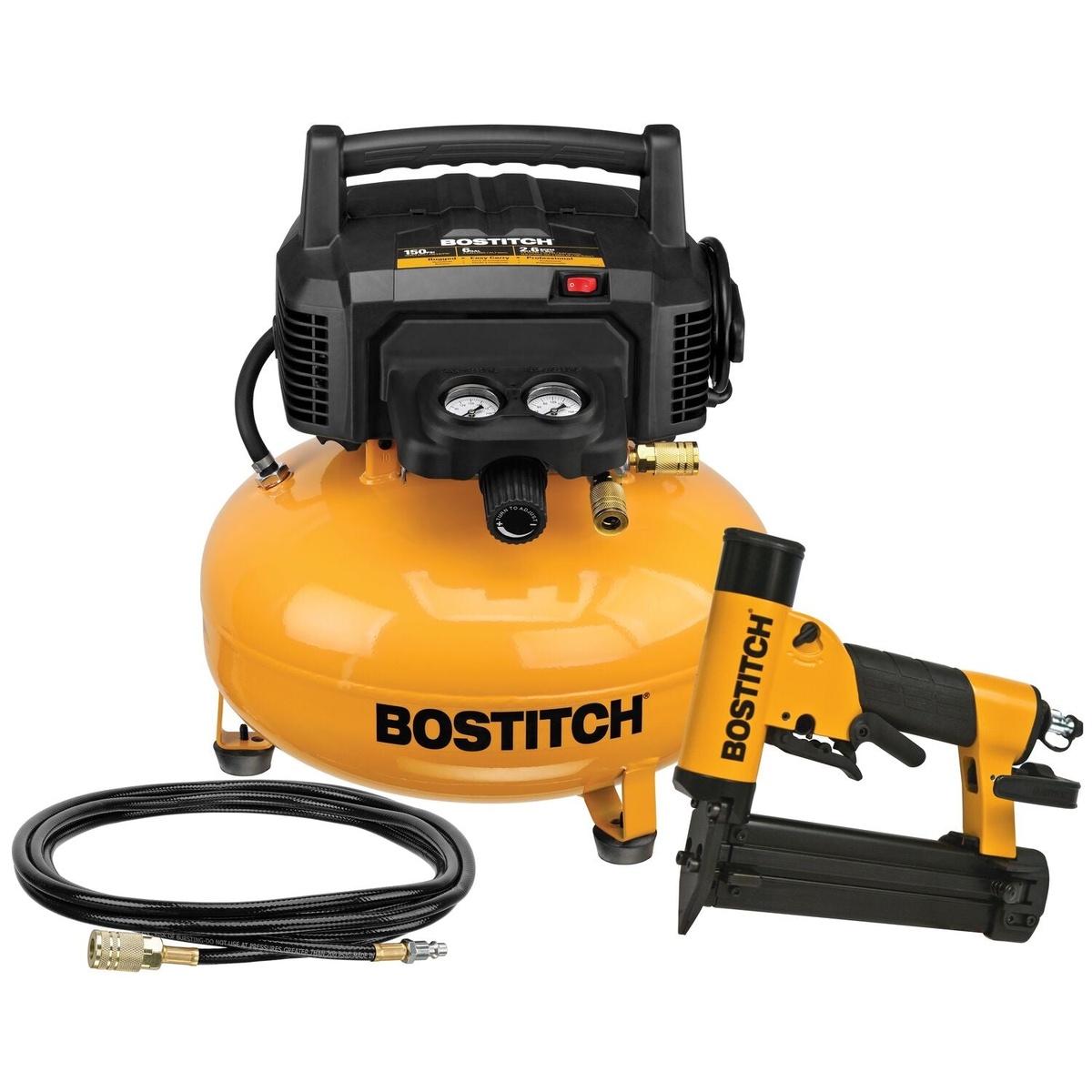 Bostitch BTFP1KITPN 18-Gauge Brad Nailer and Compressor Combo Kit shown with compressor, air hose, and finish nailer for trim fastening and woodworking setup in a shop or jobsite context