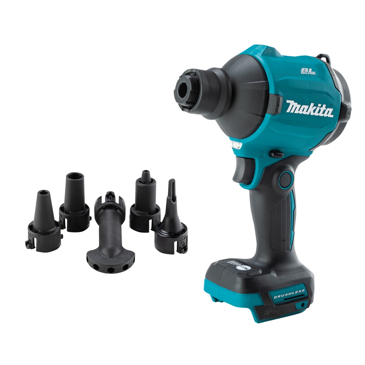 Makita XSA01Z 18V LXT Brushless Cordless High Speed Blower/Inflator shown with included nozzles for targeted cleanup and inflation tasks in shop and jobsite settings